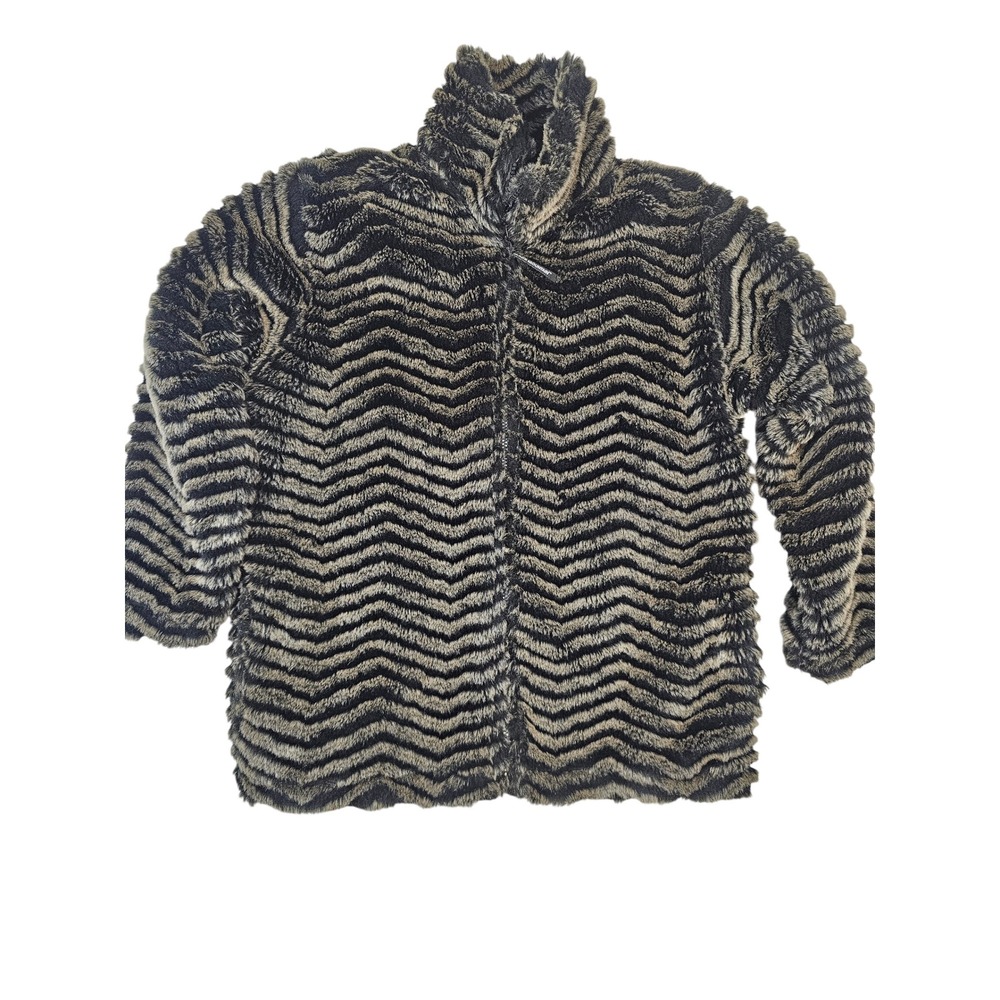 Black Mountain Outdoor Faux Fur Fleece Jacket Chevron Pattern Black Tan Small